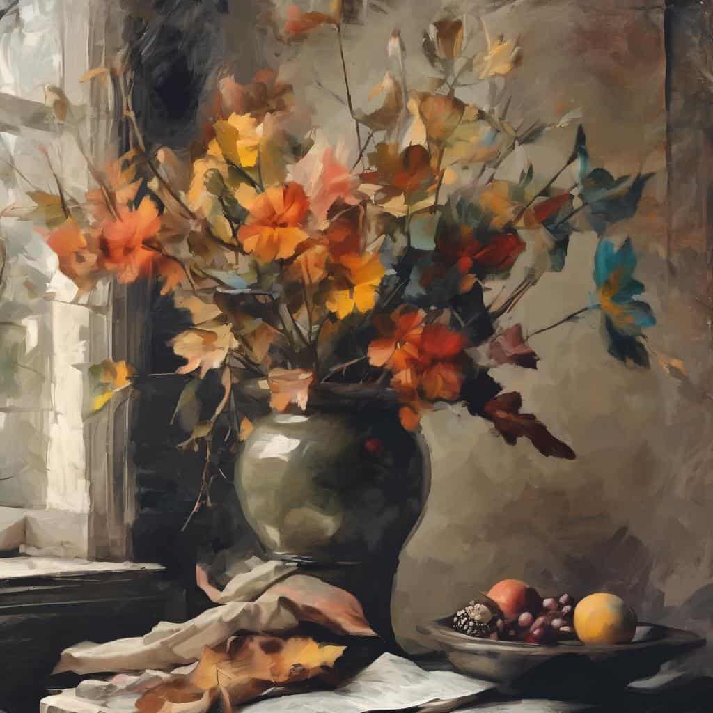 Λουλούδια σε βάζο, σύγχρονη τέχνη με βιογραφικά στοιχεία δημιουργών, ζωγραφικό έργο, φθινοπωρινή σύνθεση, παραδοσιακή και μοντέρνα τέχνη, still life, εμπνευσμένο από την φύση.