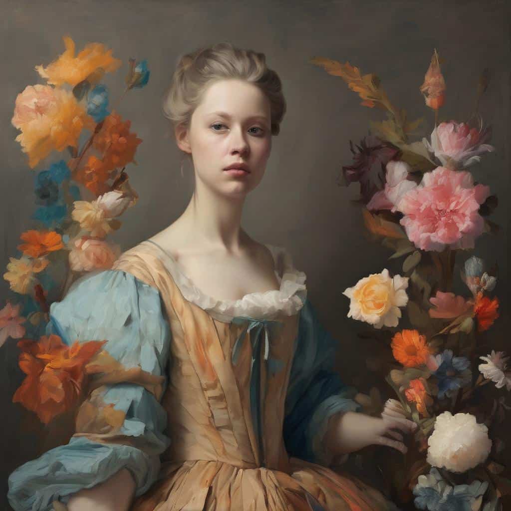 Γυναίκα με λουλούδια, σύγχρονη τέχνη, βιογραφικά στοιχεία δημιουργών, πορτραίτο ζωγραφικής, καλλιτεχνική δημιουργία, εμπνευσμένη από την ιστορία της τέχνης.