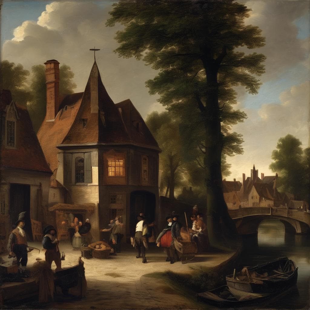 Αρχαία πόλη με ανθρώπους και γέφυρα στον ποταμό, πίνακας σύγχρονης τέχνης, δημιουργοί και βιογραφικά στοιχεία.